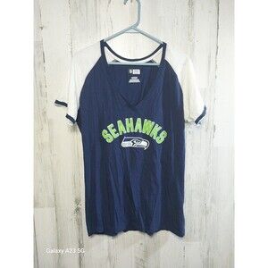 Seattle Seahawks NFL Womens  V-Neck T-Shirt Size XL Blue White Short Sleeve Logo